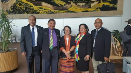 (Left to right) Mervyn Williams, Ministerial Adviser; Vice President Sydney Allicock; United Nations Special Rapporteur on the Rights of Indigenous Peoples, Ms Victoria Tauli-Corpuz, Project Coordinator, Jude Da Silva and Chairman of the National Toshaos’ Council, Joel Fredericks