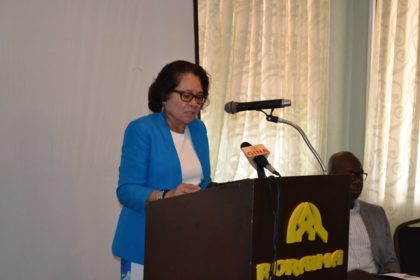 First Lady Mrs. Sandra Granger delivering remarks at the awareness training workshop on Trafficking in Persons 