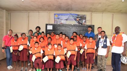 Nursery and Primary students who received lifejackets from the Maritime Administration Department, also in the photo are representatives of Oldendorff Carriers