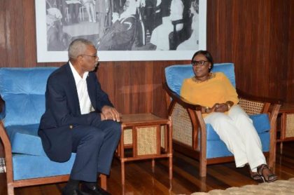 President David Granger makes a point to Ms. Esther Griffith during their meeting yesterday. Ms. Griffith, who will depart Guyana today, will now serve as Guyana's Consul General in Nickerie, Suriname. 