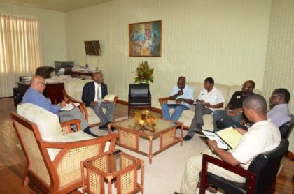 Minister of State, Mr. Joseph Harmon conducting Mocha Arcadia development meeting with community representative and government officials, today at the Ministry of the Presidency.