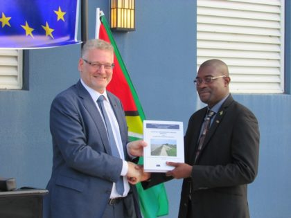 Minister of Public Infrastructure, David Patterson (right), receives the Coastal Engineering Design Manual for Guyana Sea and River Defences from European Union Ambassador, Jernej Videtič