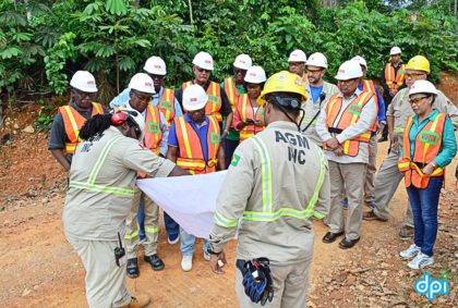 Executives of Guyana Goldfields Inc. Aurora Gold Mine explaining the operation of the mine to the visiting team including Prime Minister Moses Nagamootoo,  Ministers: of Natural Resources, Raphel Trotman, Foreign Affairs, Carl Greenidge, Finance, Winston Jordan, Agriculture, Noel Holder, Citizenship, Winston Felix and Minister within the Ministry of Communities Dawn Hastings-Williams