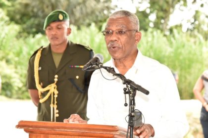 President David Granger delivering his address at the Access Dams/Roads Rehabilitation Project ceremony today
