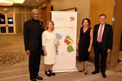 From left: President David Granger, Mrs. Martino, First Lady Ms. Sandra Granger and Ambassador Luis Martino a at the reception, held earlier this evening at the Marriott Hotel. 