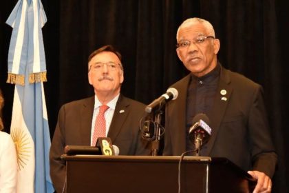 President David Granger delivering his speech at the reception to mark the Bicentennial Independence Anniversary of Argentine Republic, this evening at the Marriott Hotel in Georgetown. 