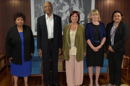 From left: Minister of Social Cohesion, Ms. Amna Ally, President David Granger, Ms. Marita Perceval, Regional Director for Latin America and the Caribbean for UNICEF, Ms. Marianne Flach, UNICEF's Representative in Guyana and Ms. Aida Oliver, Deputy Regional Director, UNICEF. 
