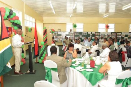 President David Granger addressing the Ministers of Government, other officials and members of the People's National Congress at the Special Breakfast, which was held in his honour at Congress Place, Sophia, this morning.  