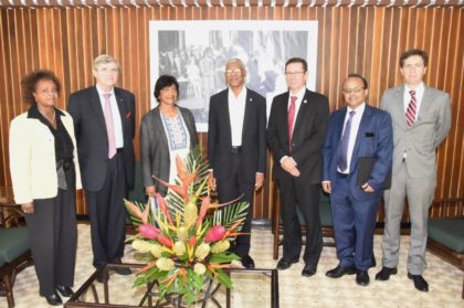 President David Granger (centre) is flanked by, from left to right: Ms. Khadija Musa, Resident Representative of the United Nations, Baron Marc Bossuyt, President Emeritus of the Constitutional Court  and Member of the United Nations Committee on the Elimination of Racial Discrimination, Ms. Navi Pillay, Former United Nations High Commissioner for Human Rights and Former Judge of the International Court of Justice; Mr. Ivan Simonovic, Assistant Secretary-General, Office of the High Commissioner for Human Rights, Mr. Rajiv Narayan, Senior Policy Adviser, Secretariat of the International Commission against the Death Penalty and Mr. Derek Lambe, Head of Political Press and Information Section, Delegation of the European Union in Guyana