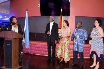 Outgoing United Nations Representative in Guyana, Ms. Khadija Musa makes a point to President David Granger, during her brief remarks, last evening, at the farewell reception held in her honour at the Pegasus Hotel