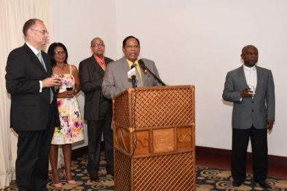 Prime Minister Moses Nagamootoo delivering brief remarks at the reception following the accreditation of the Danish Ambassador. The ambassador is to the left. Also in photo is Foreign Affairs Minister Carl Greenidge 