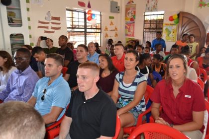 Some of the US cadets who taught leadership and others skills at the CULP Programme. The preteen and older graduates are pictured in the background.