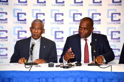 From right: Chairman of the Conference of the Heads of Government of the Caribbean Community and Prime Minister of Dominica, Hon. Roosevelt Skerrit and co-host and President of Guyana, His Excellency Brigadier David Granger during the closing Press Conference, which was held last evening at the Pegasus Hotel.