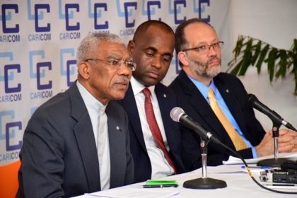 President David Granger responding to questions at the closing press conference of the 37th Regular Meeting of the Conference of Heads of Government of the Caribbean Community (CARICOM).  Also in photograph are Chairman of the Conference of the Heads of Government and Prime Minister of Dominica, Honorable Roosevelt Skerrit and Secretary-General and Chief Executive Officer of the Caribbean Community, Ambassador Irwin LaRocque.