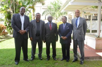 Foreign Affairs Minister Carl Greenidge (centre) flanked by some of the new heads of missions (from left to right): Dr Kenrick Hunte, High Commissioner to South Africa, Michael Ten-Pow, Permanent Representative to the UN, Dr Shamir Ally, Head of Mission to Kuwait, and Dr David Pollard, High Commissioner to India.