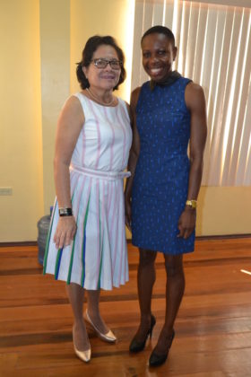 First Lady, Mrs. Sandra Granger and Guyana’s most decorated athlete Ms. Aliann Pompey, at the National Sports Resource Centre
