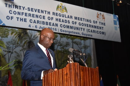 Trinidad and Tobago Prime Minister Keith Rowley giving his remarks at the opening ceremony of CARICOM’s heads of government conference. Trinidad has lead responsibility for crime and security in the region