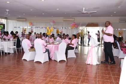 Guyana Geology and Mines Commission Commissioner (ag) Newell Dennison addressing staff at the agency's  37th anniversary celebrations