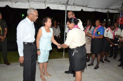 President David Granger and First Lady, Mrs. Sandra Granger, this evening, hosted a reception on the lawns of State House for the visiting Scout Leaders, who are in Guyana for the 14th Caribbean Cuboree. Pictured here are President Granger and Mrs. Granger with the President of the Scouts Association of Guyana, Mr. Ramsey Ali and Camp Chief, Ms. Zaida Joaquin at the reception. 