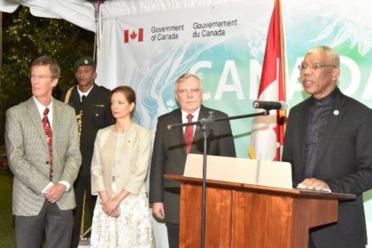 President David Granger addressing the attendees at the 'Canada Day' reception, which was held, last evening, at the High Commissioner's residence