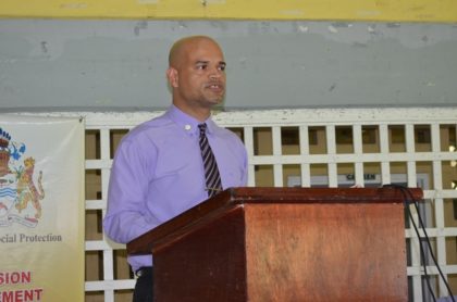 Diego Alphonso of the Men’s Affairs Bureau making brief remarks at the launch of the football tournament 