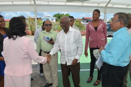 (center)Minister within the Ministry of Social Protection Keith Scott meeting trainers at the graduation ceremony of  the National Training Project for Youth Empowerment at the Upper Corentyne Industrial Training Center
