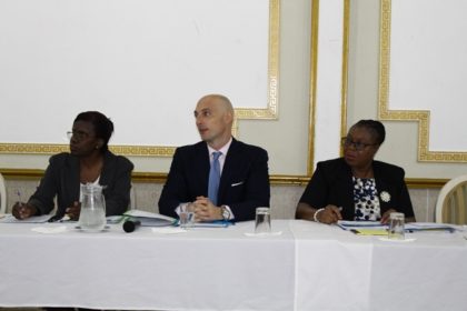 Delma Nedd, Permanent Secretary, Ministry of Education, UNICEF Deputy Representative to Guyana and Suriname, Paolo March and Chief Education Officer (Ag) Donna Chapman at the ‘out-of-school children’ initiative workshop at the Regency Hotel, Georgetown