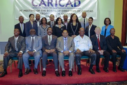 Members of the Board of CARICAD pose for the official photograph with Prime Minister Moses Nagamootoo, Attorney General and Minister of Legal Affairs Basil Williams and Finance Minister, Winston Jordan. 