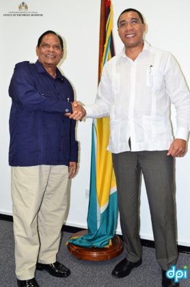 OPM Photo - Prime Minister Moses Nagamootoo welcomes Prime Minister Andrew Holness
