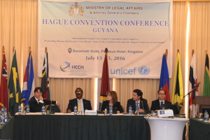 Panel on the Hague’s Child Abduction Convention (from left to right) Presenter Richard Williams of the Grand Cayman, Chair of the session Attorney General and Minister of Legal Affairs, Basil Williams, Presenter Judge Cathy Hollenberg Serrette of the US, Secretary General of the HCCH, Christophe Bernasconi (answering question) and Latin American Representative of HCCH, Ignacio Goicoechea.
