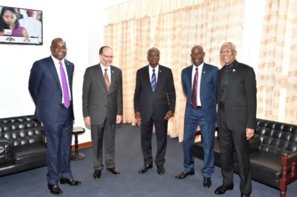 From left: Prime Minister of Dominica, the Right Honourable Roosevelt Skerrit, Secretary General of CARICOM, Ambassador Irwin LaRocque, Prime Minister of Barbados, the Right Honourable Freundel Stuart, OR., Prime Minister of Trinidad and Tobago, the Honourable Dr. Keith Rowley and President of Guyana, Brigadier David Granger share a light moment before the commencement of the opening ceremony of the Thirty Seventh Regular Meeting of the Conference of Heads of Government of the Caribbean Community (CARICOM)