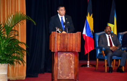 Prime Minister of Jamaica, the Most Honourable Andrew Holness, during his presentation to the Heads of CARICOM and special invitees who had gathered at the National Cultural Centre for the opening ceremony of the Thirty Seventh Regular Meeting of the Conference of Heads of Government of the Caribbean Community (CARICOM)