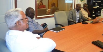 Agri. Minister Noel Holder sits with CEO of GLDA Mr. Nigel Cumberbatch,Rear Admiral (Rtd) Gary Best, Presidential Advisor on the Environment and Mr. Charles Griffit during the meeting
