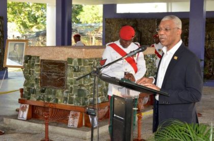 President David Granger delivering remarks at the memorial ceremony to mark the 31st death anniversary of Guyana's first Executive President, Linden Forbes Sampson Burnham 