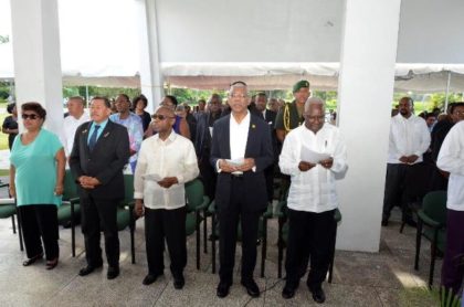 From right: General Secretary of the PNC, Mr. Oscar Clarke, President David Granger, Minister of Foreign Affairs, Mr. Carl Greenidge, Minister of Indigenous People's Affairs, Mr. Sydney Allicock, and Minister of Social Cohesion, Ms. Amna Ally at the memorial ceremony for the late Linden Forbes Sampson Burnham  
