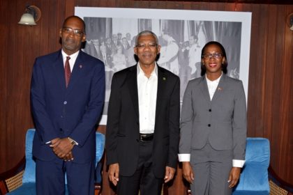 President Granger flanked by Trinidad and Tobago’s Minister of Energy and Energy Industries, Ms. Nicole Olivierre and Deputy Permanent Secretary in the Ministry of Energy and Energy Industries, Mr. Mr. Andre Laveau   