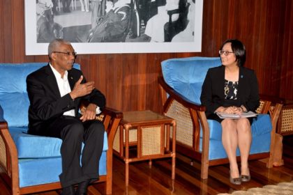 President David Granger conversing with UNDP Resident Representative, Ms. Mikiko Tanaka