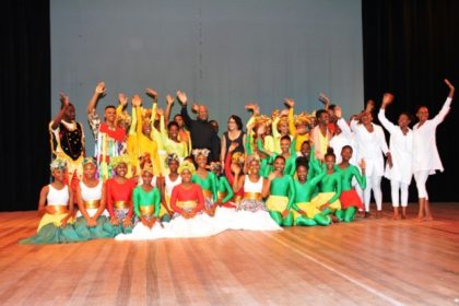 President David Granger and First Lady, Mrs. Sandra Granger (centre) are all smiles as they share a photo opportunity with the performers of 'A celebration of African Heritage 9' Dance Production, which was staged by the National Dance Company, in collaboration with the Department of Culture, Youth and Sport. 