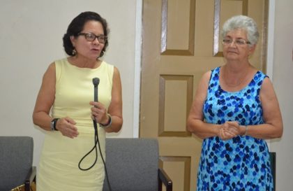 First Lady, Mrs. Sandra Granger delivers remarks at the closing ceremony of the three-day First Aid training programme. Also in photo is the General Secretary of the Guyana Red Cross Society, Mrs. Dorothy Fraser