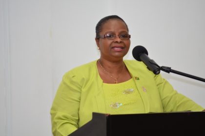 Minister of Social Protection, Volda Lawrence addressing the high-level policy dialogue on adolescents and youths