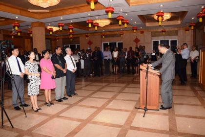 Prime Minister Moses Nagamootoo, his wife Sita Nagamootoo, along with Chinese Ambassador to Guyana Zhang Limin and his wife at the reception for the most recent batch of Guyanese who completed training in China 
