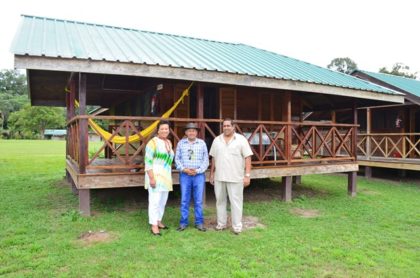 Commonwealth Secretary General, Baroness Patricia Scotland, Minister of Indigenous Peoples’ Affairs Sydney Allicock  and Chief Executive Officer of Iwokrama Dr. Dane Gobin at the Iwokrama International Centre for Rainforest Conservation and Development 
