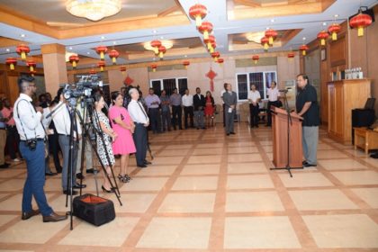 Prime Minister Moses Nagamootoo addressing guests at the reception for the most recent batch of Guyanese who completed training in China 