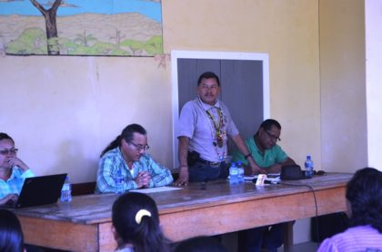 Minister of Indigenous Peoples' Affairs, Sydney Allicock addressing residents of Warapoka, Region One