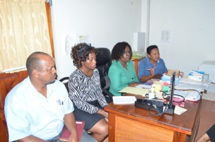 The team of officials addressing the staff of the Lethem Hospital, Region Nine.  From Left to right: Regional Executive Officer, Carl Parker, Director of Regional Health Services Dr. Kay Shako, Minister within the Ministry of Public Health Dr. Karen Cummings and Regional Health Officer,  Region Nine, Dr. Chowdhry