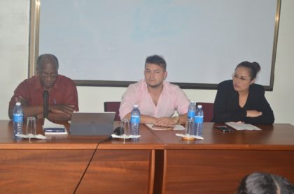 Ambassador of the Republic of Colombia, Ronald Austin and Professor Nelson Hernan Giraldo Sanguino along with Sandra Chung, Foreign Service Officer 2, Desk Officer of the Guyana South America Bilateral  Relations, Ministry of Foreign Affairs at the head table at the Ministry’s Spanish course orientation 