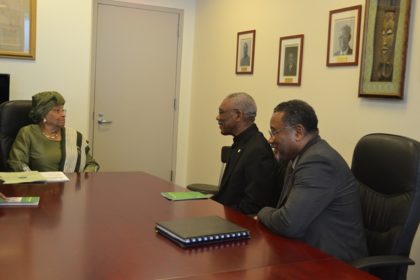 President David Granger and Permanent Representative to the United Nations for Guyana, Mr. Michael Ten-Pow meeting with President Ellen Johnson Sirleaf of Liberia
