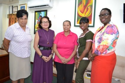 Members of the soon to be formed Giving Hope Foundation, today, met with Mrs. Sandra Granger  (L-R) In Photo: Ms. Patricia Pierre, First Lady, Mrs. Sandra Granger, Ms. Luna Chung, Dr. Latoya Gooding and Ms. Sharon Carrington.  