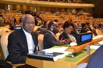 President David Granger, Minister of Foreign Affairs, Mr. Carl Greenidge and Director General in the Ministry of Foreign Affairs, Ms. Audrey Waddell at the United Nations Headquarters in New York 