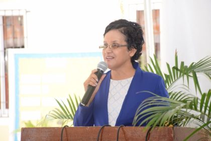Assistant Chief Education Officer, Nursery, Ingrid Trotman makes remarks at the 40th anniversary of the launch of the Guyana Nursery Education Programme at the Roxanne Burnham Nursery School